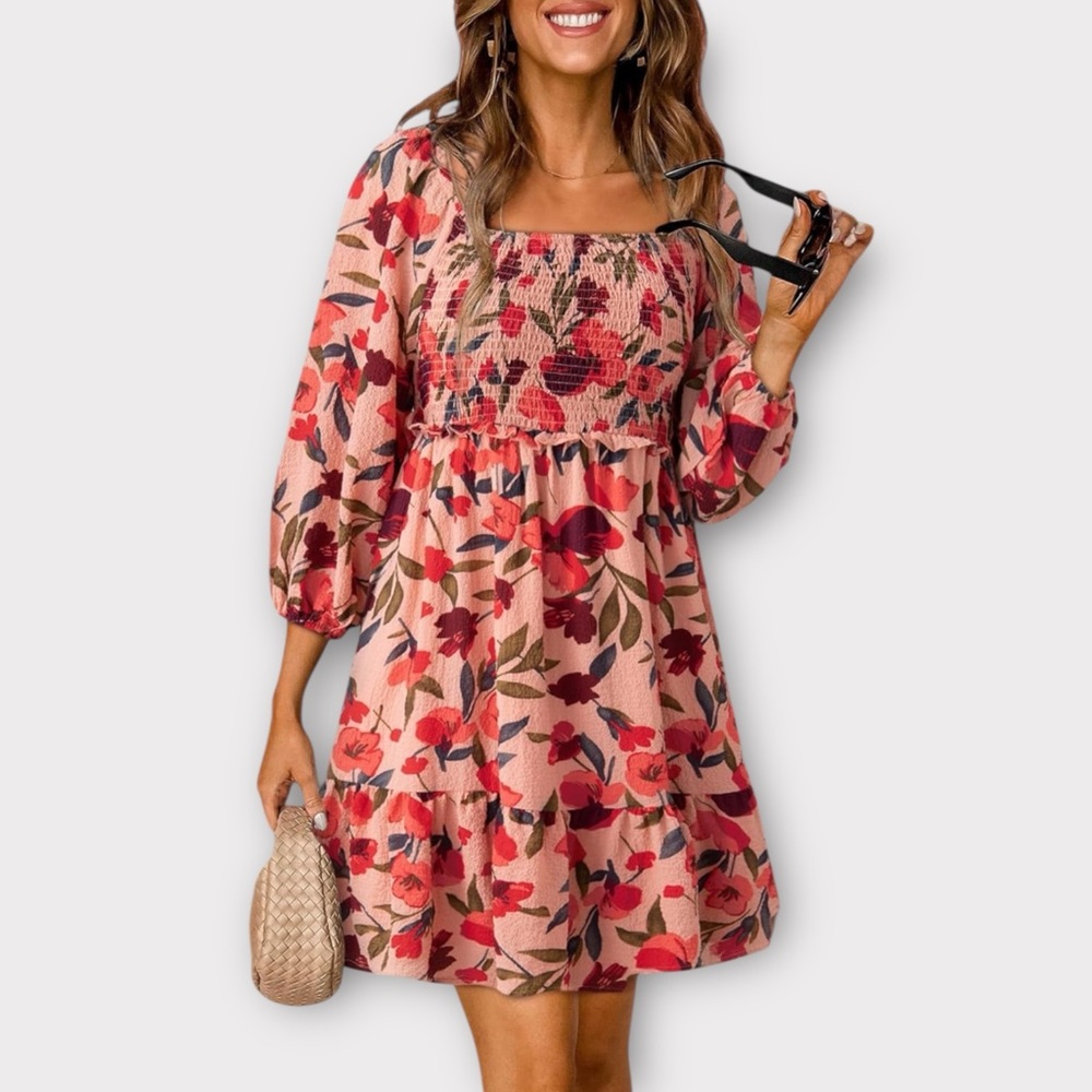Pink Floral Smocked Mini Dress Fall/Summer Casual Boho, Medium